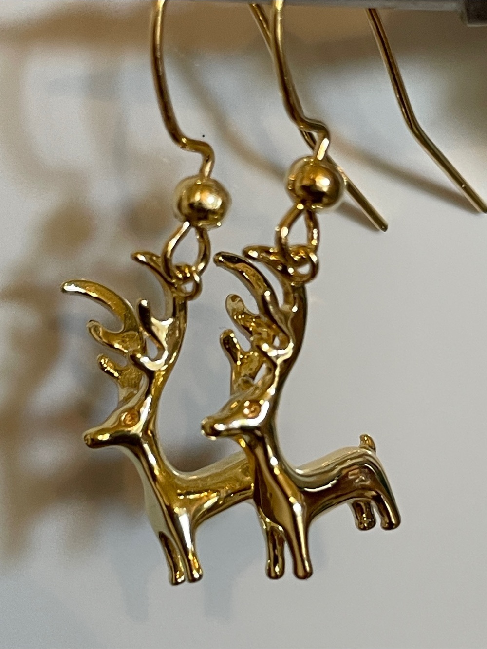 Adorable Gold 3-D Reindeer Dangle Earrings